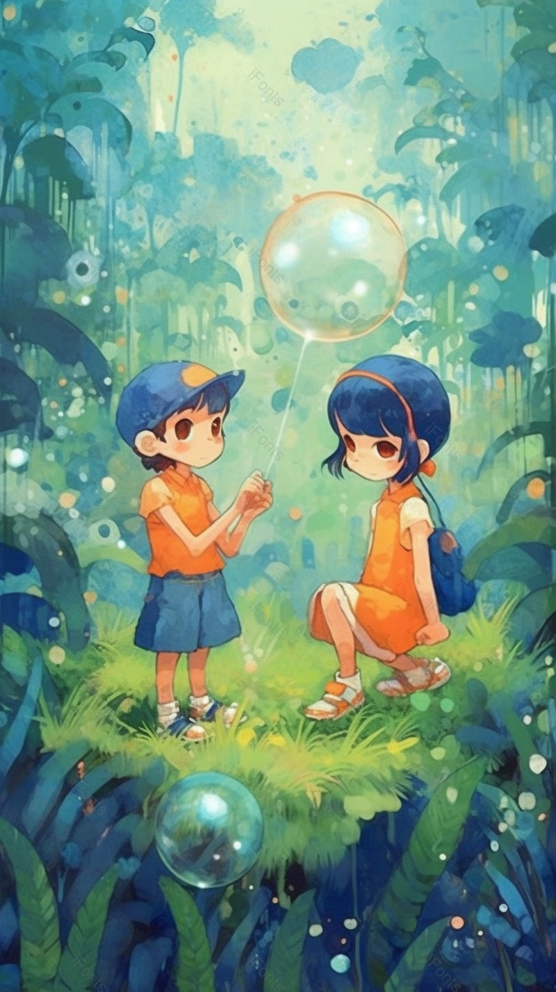 泡泡唯美动漫儿童节六一春游游玩探险绿色插画,插画/手绘图,插画/手绘图库,插画/手绘图下载,插画/手绘